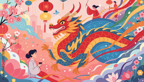 Colorful dragon chinese new year festival lantern celebration asian culture traditional art woman blossom illustration