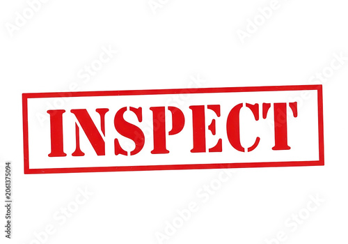 Red inspect stamp with bold white text on white background isolated on transparent background