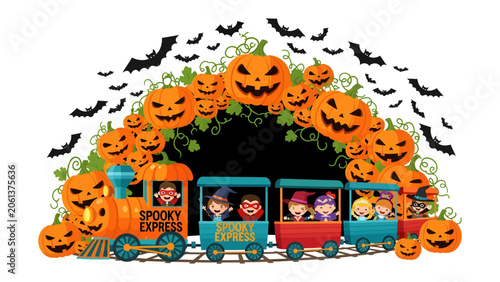Fotografie Halloween Express Journey: A whimsical Halloween-themed train, the Spooky Express, chugs along, adorned with carved pumpkins and surrounded by fluttering bats