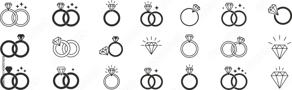 Naklejka premium Wedding Ring Icon Vector Featuring Diamond Engagement Ring Symbol for Marriage Proposal Love Commitment Jewelry and Bridal Design Applications