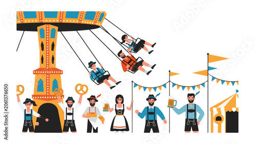 Photos Oktoberfest Fun: People in traditional Bavarian attire enjoy a swing ride and festival atmosphere with pretzels and beer, embodying the spirit of celebration
