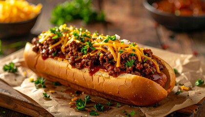 A gourmet chili dog on a toasted brioche bun, topped with rich beef chili, melted cheddar cheese, diced onions, and fresh parsley, dramatic studio lighting, ultra realistic food photography