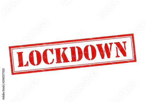 Red lockdown warning stamp with distressed texture isolated on transparent background