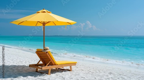 Yellow beach umbrella and lounge chair on pristine white sand beside a turquoise ocean, representing luxury travel, relaxation and tropical vacation