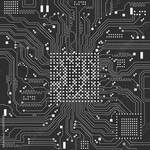 Flat offset retro-style microelectronics circuit board illustration. The abstract old print texture of modern digital technology, computer, motherboard, or high-tech technology 