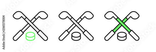Photography Set line Ice hockey sticks and puck icon isolated on white background