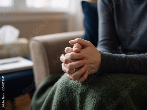 Closeup of person hands, anxiety and mental health problem, therapy and psychology with trauma. Fear, crisis and stress with depression, mistake and disaster with panic, abuse or addiction with pain