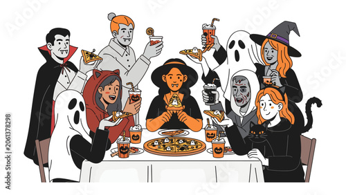 Foto Halloween Party Feast: A diverse group of friends in spooky costumes gather around a table laden with Halloween treats, celebrating the holiday with laughter and festive cheer