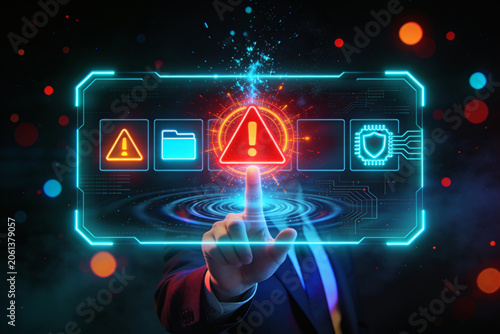 Cyber security breach concept with man in suit touching system error alert hologram