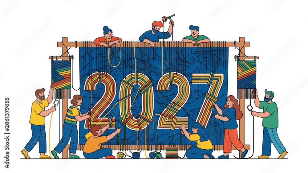 Fototapeta premium Creating the Future 2027: A diverse group of individuals collaboratively works on a large tapestry, intricately weaving the year 2027 into its design.