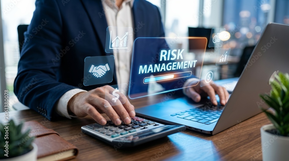 Fototapeta premium Identifying and assessing risks through digital risk management tools in an office setting.