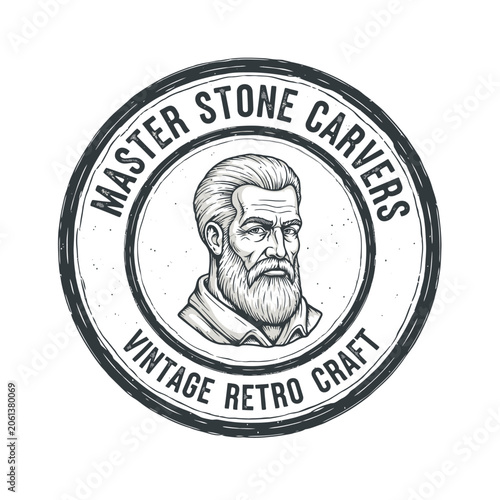 Quadro su tela Master Stone Carvers vintage portrait logo of a bearded man in a circular stamp frame