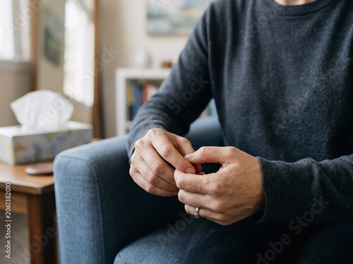 Closeup of person hands, anxiety and mental health problem, therapy and psychology with trauma. Fear, crisis and stress with depression, mistake and disaster with panic, abuse or addiction with pain