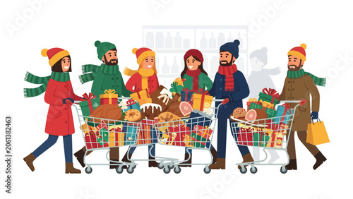 Canvastavla Christmas Shopping Frenzy: A joyful group of friends and family, dressed in festive winter attire, pushes loaded shopping carts filled with gifts and holiday treats
