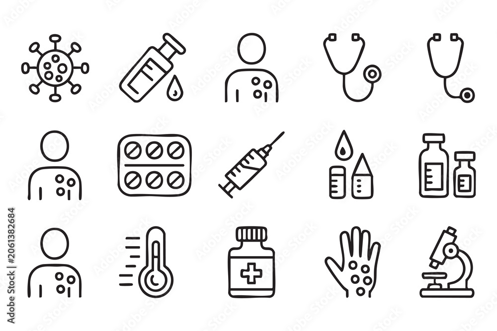 Fototapeta premium Vaccine and Medicine Line Icons for Pharmacy, Clinic, and Health Campaigns