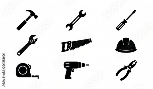 Schilderij op canvas Luxury Construction Tools and Safety Gear Black Icon Set