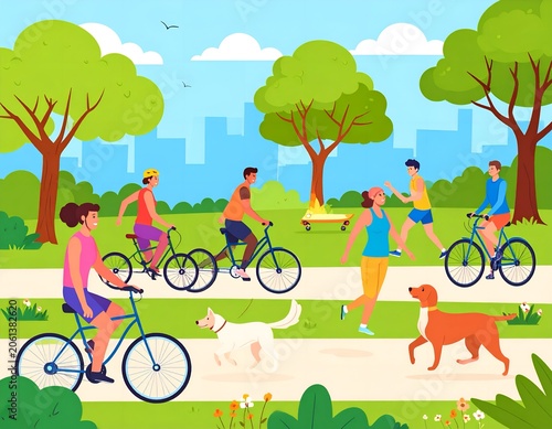 Group of people riding bicycles, skateboard, skateboard and dog. Flat vector illustration.