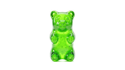 Green gummy bear candy sweet gelatin dessert isolated white background studio shot macro food photography bright translucent child sugar snack delicious treat