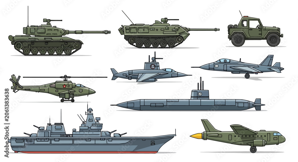 Fototapeta premium Collection of military vehicles including tanks, submarines, aircraft, and a warship.