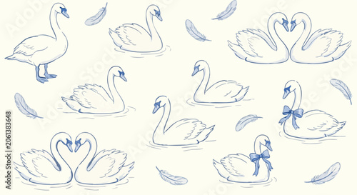 Swan Illustrations With Feathers, Blue Line Art Pattern On Cream Background