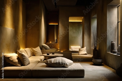luxury spa lounge interior with warm ambient lighting, minimalist zen decor, elegant relaxation area, contemporary wellness retreat, cozy cushions and tranquil hospitality design san