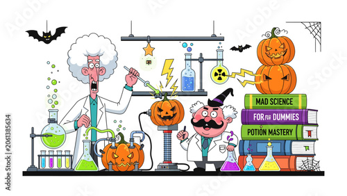 Fotografia Halloween Science Lab: A whimsical scene depicts two mad scientists conducting bizarre experiments amidst pumpkins and bats