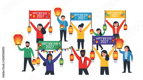 Tablou pe pânză New Year Celebration 2027: A diverse group of people joyfully celebrates the arrival of the New Year 2027, holding banners and lanterns aloft under a festive atmosphere