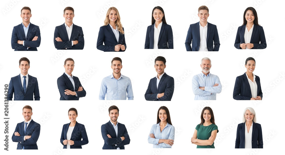 Obraz premium Diverse professional team portrait set with arms crossed in studio lighting for corporate and business use