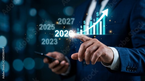 Analytical businessman planning business growth and strategy for Business growing in 2026 with focus on digital marketing, profit, and economy.