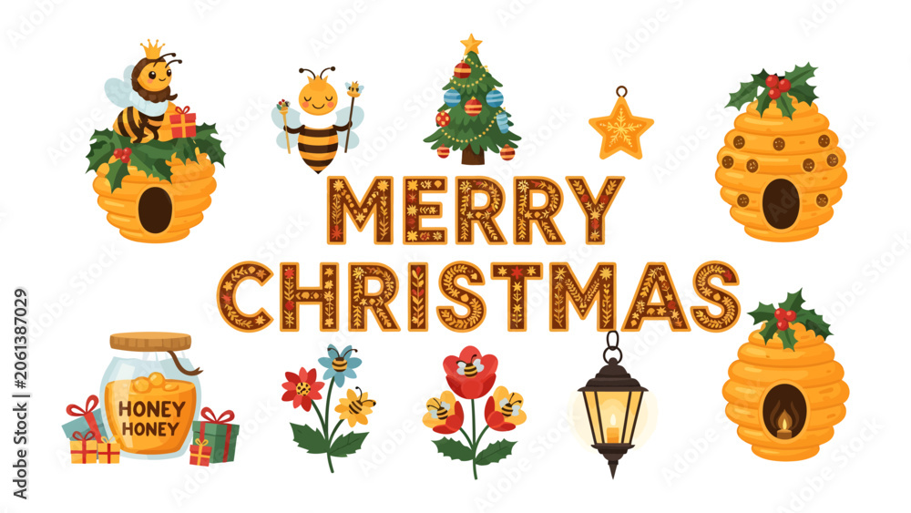 Fototapeta premium Merry Bee-lstmas Greetings: A whimsical collection of bees, beehives, a Christmas tree, gift-wrapped honey jars, and festive flowers spells out Merry Christmas in a charming, playful design.