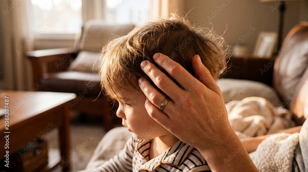 Fototapeta premium smoothing messy child hair parent hand affection care tenderness morning routine closeup scene about comfort childhood family love grooming and gentle parenting lifestyle campaigns