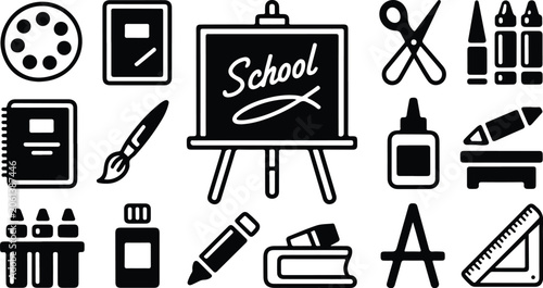 School supplies icon set, education vector symbols