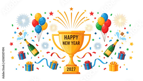 Canvas Print New Year Celebration Trophy: A vibrant illustration captures the festive spirit of New Year's Eve, featuring a golden trophy with Happy New Year and 2027 inscribed, surrounded by balloons