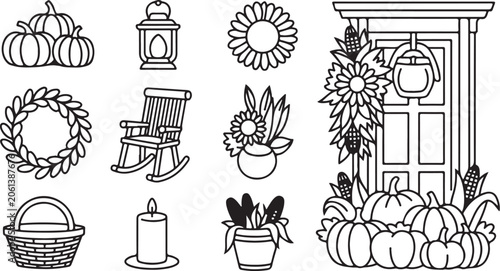 Autumn porch icons, fall harvest vector set, pumpkin line art