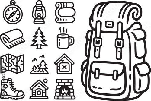 Camping icons set, hiking gear vector, outdoor equipment