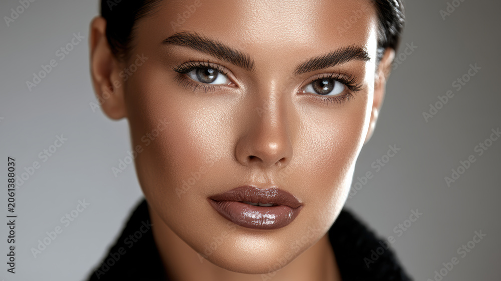 Fototapeta premium Beautiful woman beauty aesthetic face closeup, smooth skin, glossy lips, natural makeup, confident expression, studio portrait