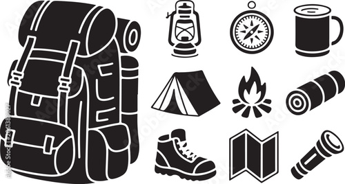Camping gear icons, hiking equipment set, 10 black vectors