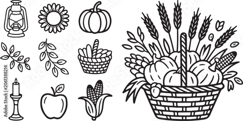 Autumn harvest icons, fall pumpkin basket, 10 vector set