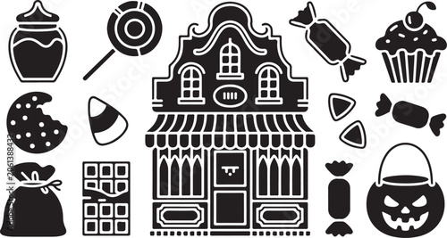 Halloween candy shop icons, spooky sweet treats vector