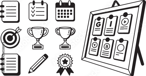 Business productivity icons, office task vector set