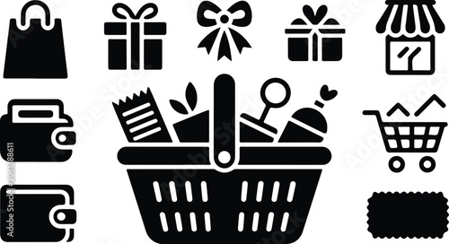 Shopping icons set, retail basket vector, commerce symbols