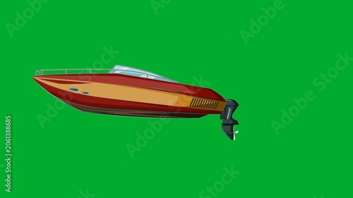 2d animation Powerboat cruising ocean waves with big water splash trails animation on green screen. Red speed boat luxury vessel vehicle transport layout design in full side profile view frame