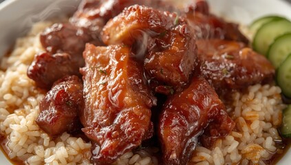 Detailed view of duck rice with brown sauce and cucumber. Classic Asian dish featuring tender meat, crispy skin, and aromatic rice.