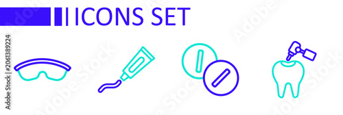 Obraz na płótnie Set line Tooth with caries and drill, Toothache painkiller tablet, Tube of toothpaste and Safety goggle glasses icon