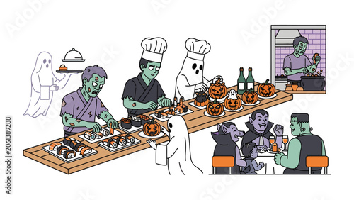 Spooky Halloween Feast: A haunted gathering of classic monsters and ghouls enjoy a monstrous buffet with sushi and pumpkin dishes, celebrating Halloween in a playful and eerie atmosphere.