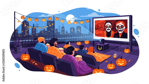 Halloween Rooftop Movie Night: Friends and family gather on a rooftop under the moonlight, enjoying a spooky movie screening surrounded by glowing jack-o'-lanterns and festive string lights.