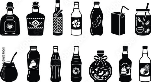 Black and white of wine bottles, beer bottles, and spirits in various styles liquor