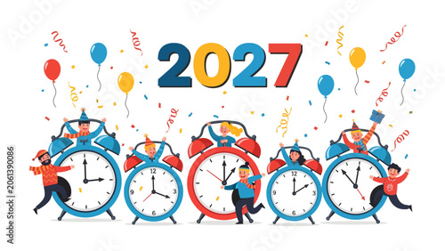Картината върху платно New Year's Eve Countdown: A whimsical illustration depicts cartoon figures celebrating the arrival of 2027, perched atop colorful alarm clocks adorned with balloons and confetti