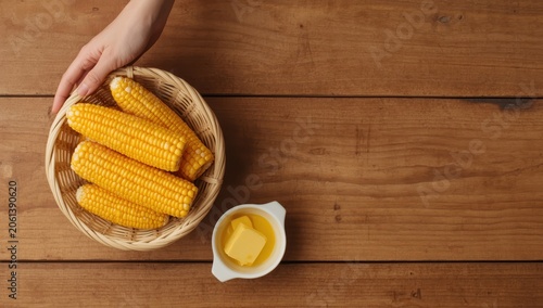 Top view of a hand-held bamboo basket with sweet corn and a bowl of butter on a wooden surface.