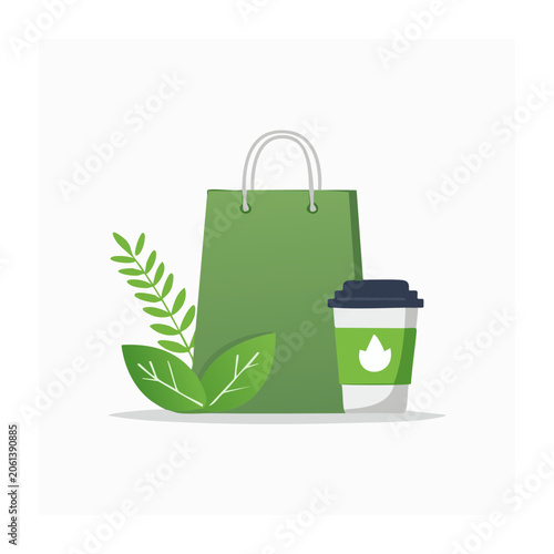 Green Shopping Bag and Coffee Cup with Leaf Illustration